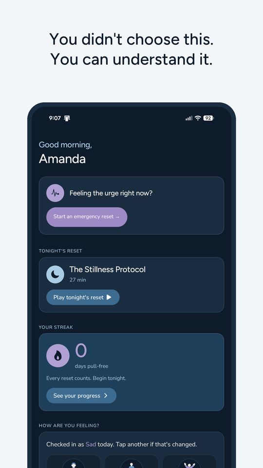 Trich Reset app screen: Home