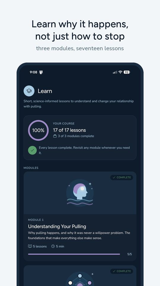 Trich Reset app screen: Learn