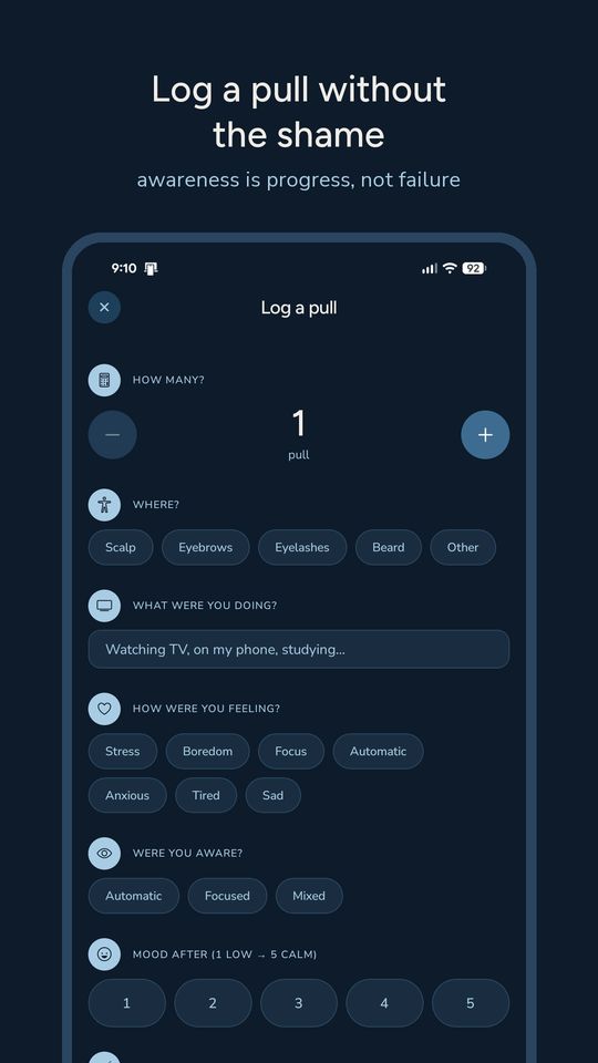 Trich Reset app screen: Log a pull